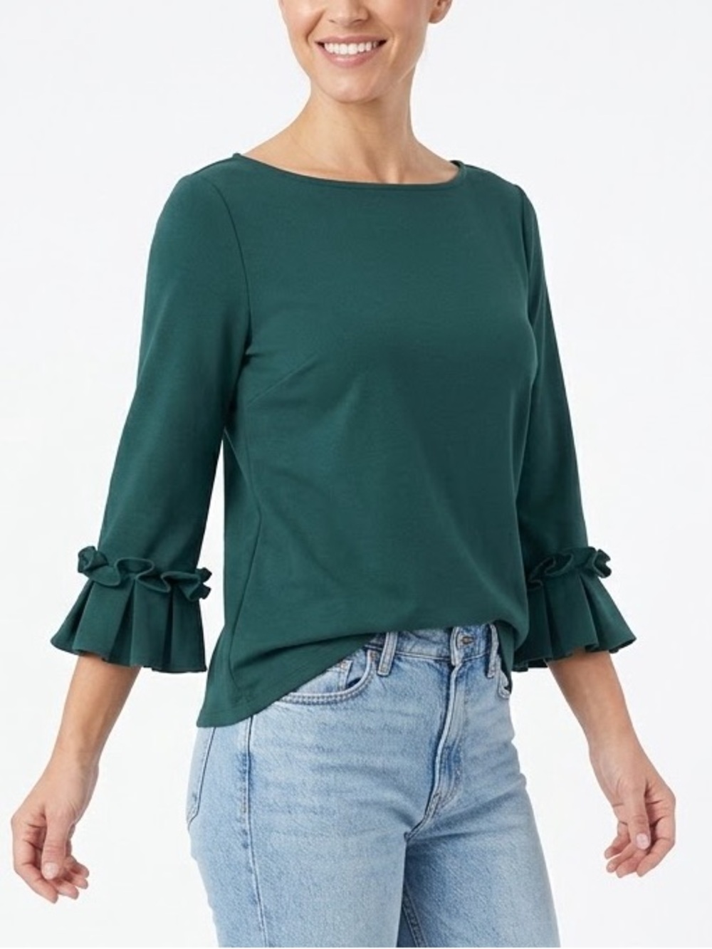 Ann Taylor Dark Green Ruffle Bell Sleeve Boatneck Top Size Small